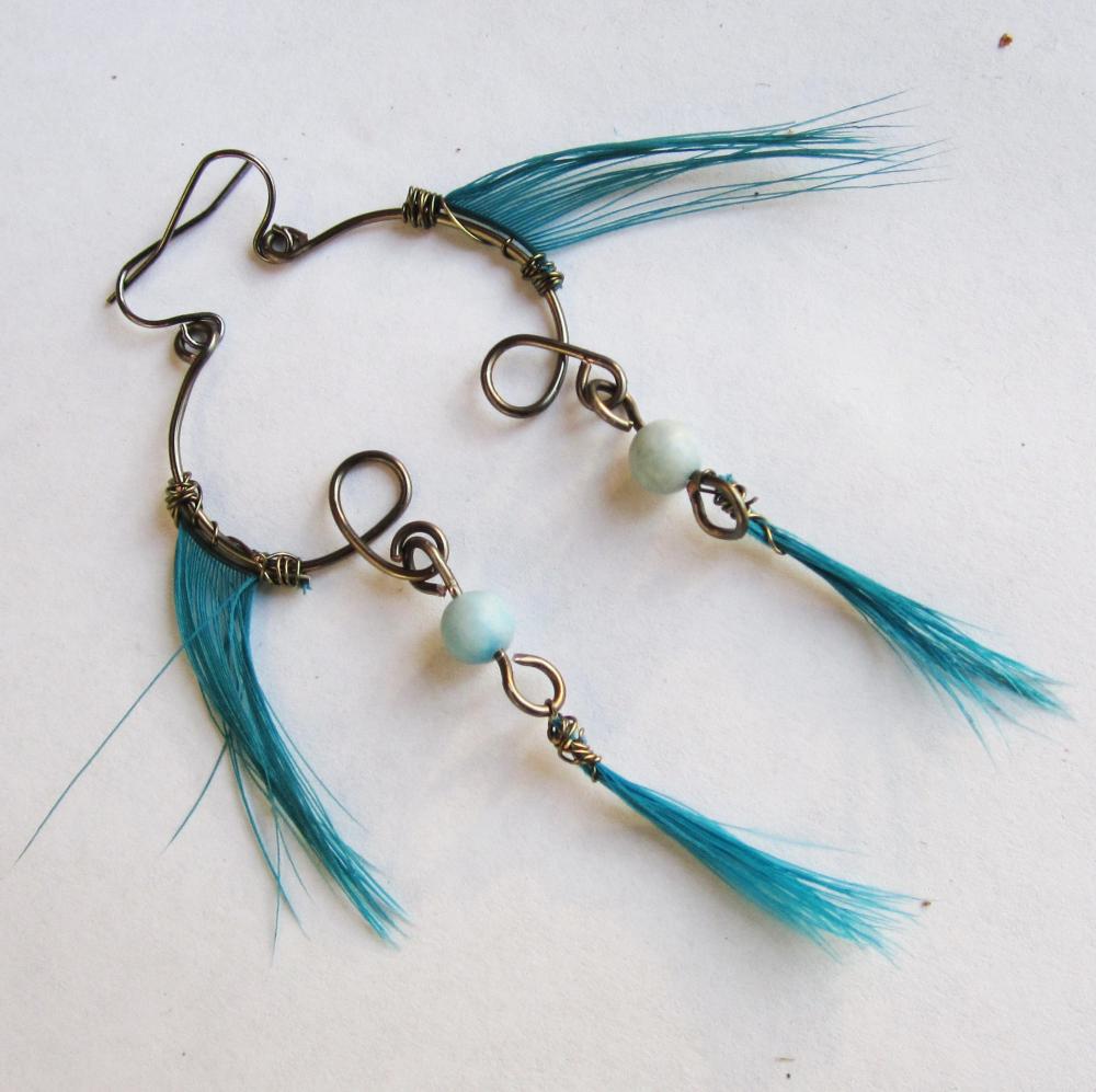 Boho Turquoise Feather Earrings with Turquoise Jasper Gemstones