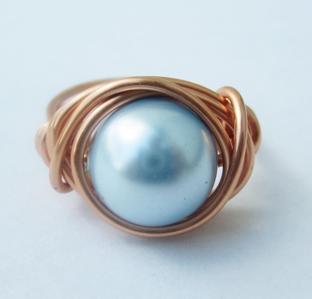 Light Blue Swarovski Pearl Ring in Copper
