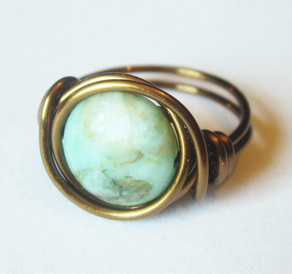 Green Matrix Jasper Disc, Boho Ring Custom size in antique brass
