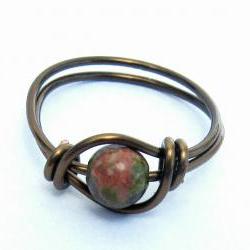Unakite Gemstone Ring in Antique Brass